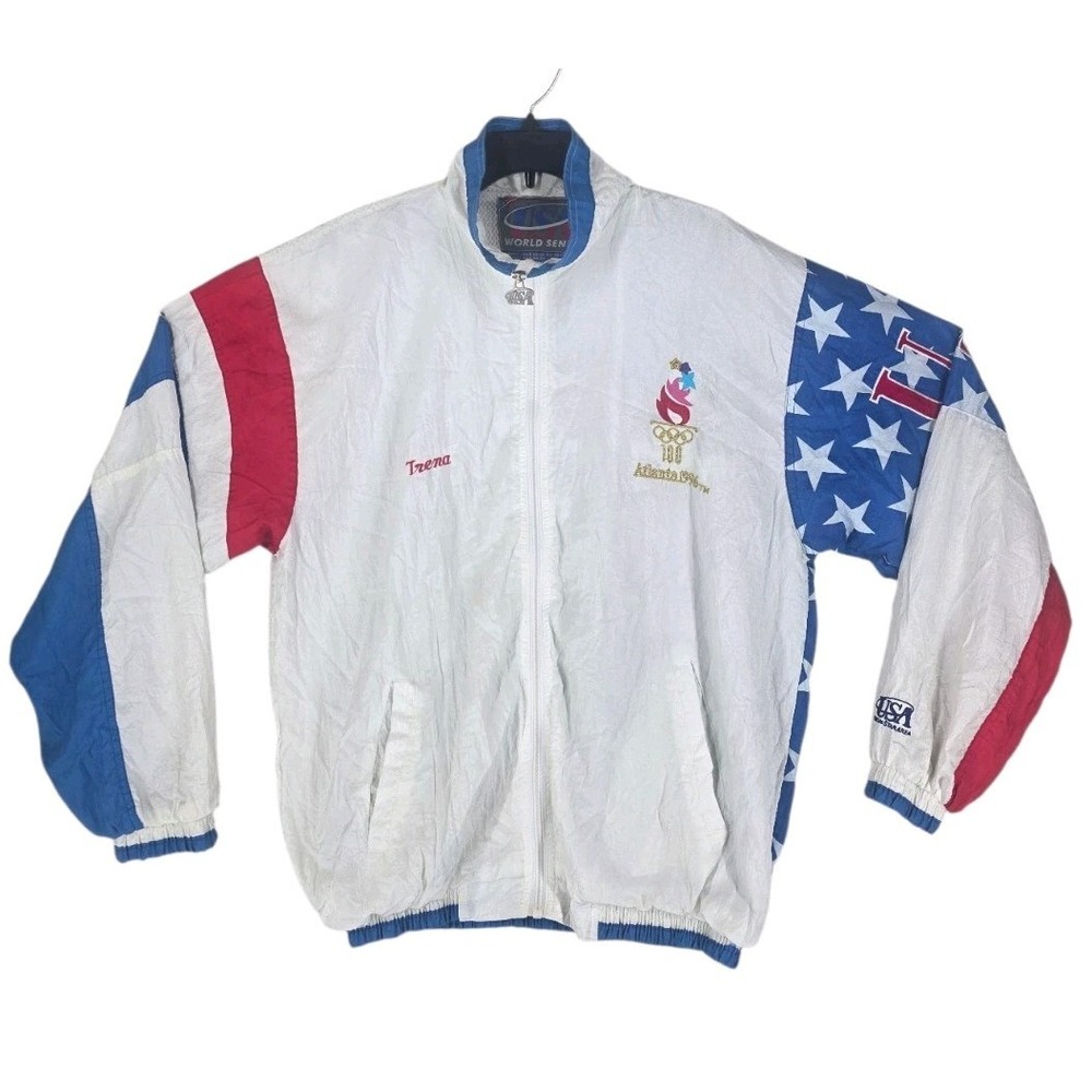 Vtg 1996 Starter Atlanta Olympics Windbreaker Jacket Mens L White Blue US Flag